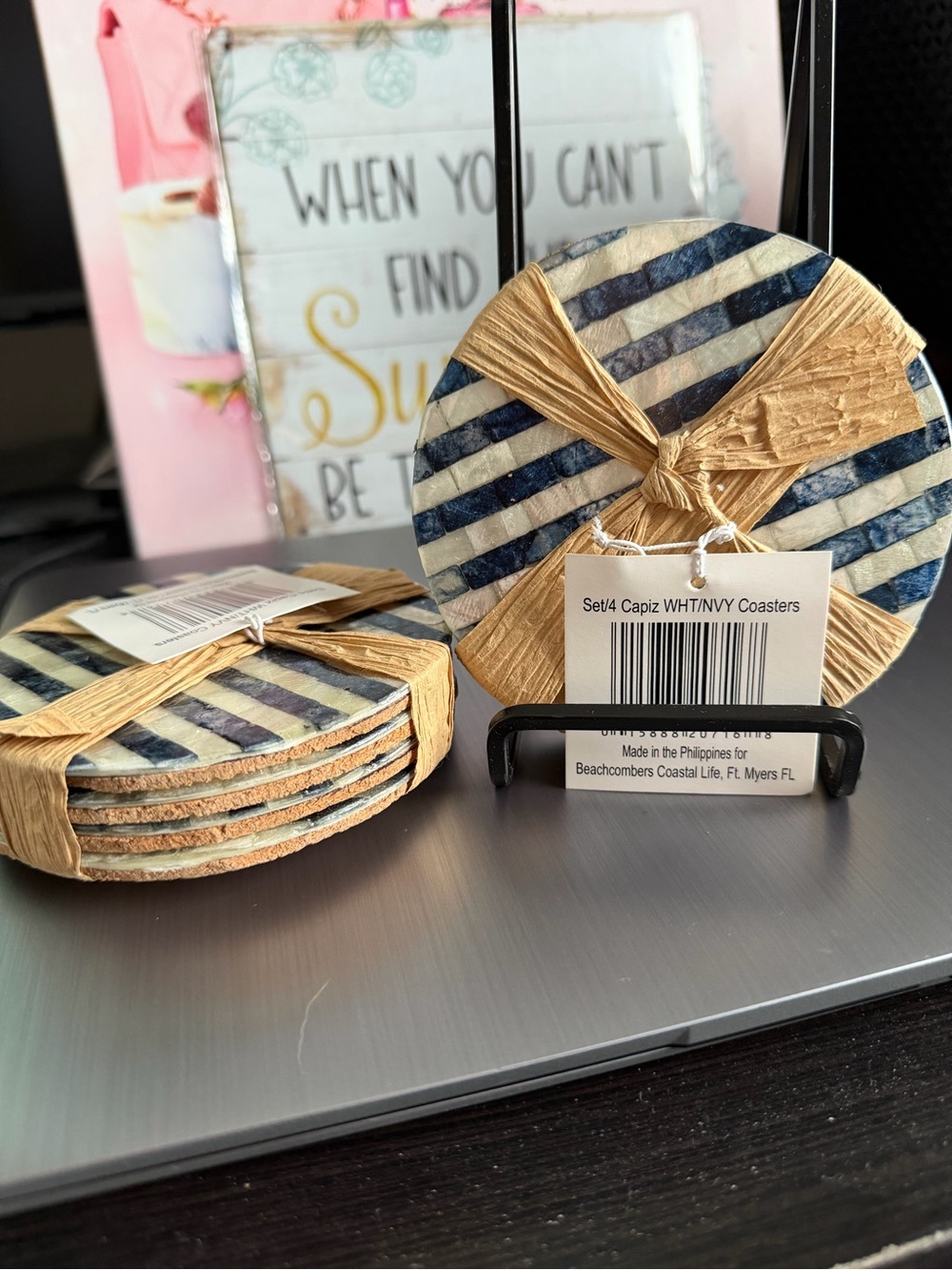 Capiz Striped Round Coaster Set - White & Navy Set of 8